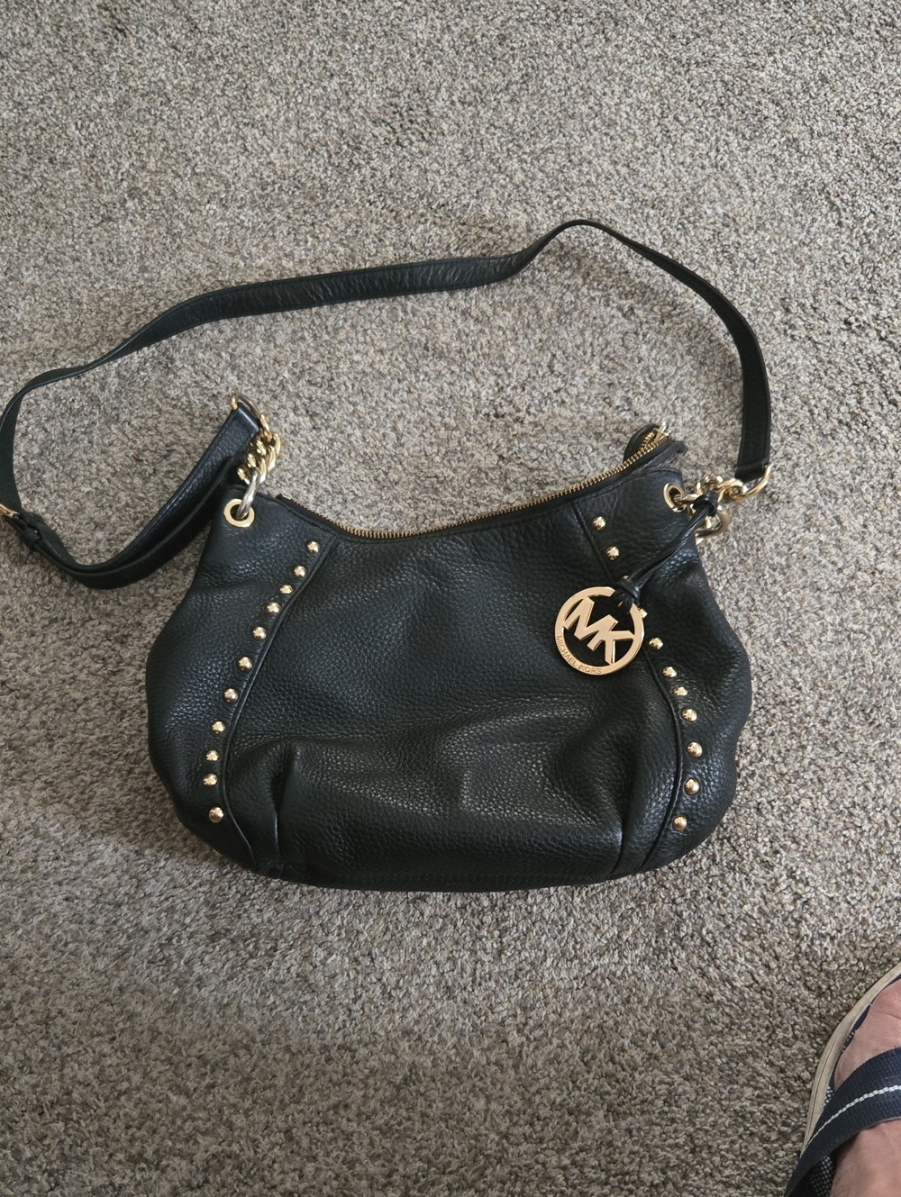 Michael Kors Black Pebbled Leather Shoulder Bag with Gold Hardware